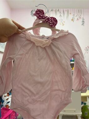 French Connection Baby Pink Long Sleeve Bodysuit with Eyelet Collar